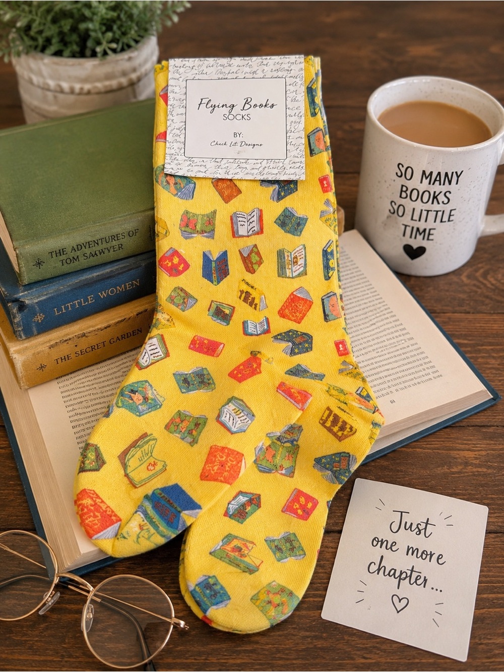 Chick Lit Designs Flying Books Socks Pastel Yellow Bookworm Novelty Socks